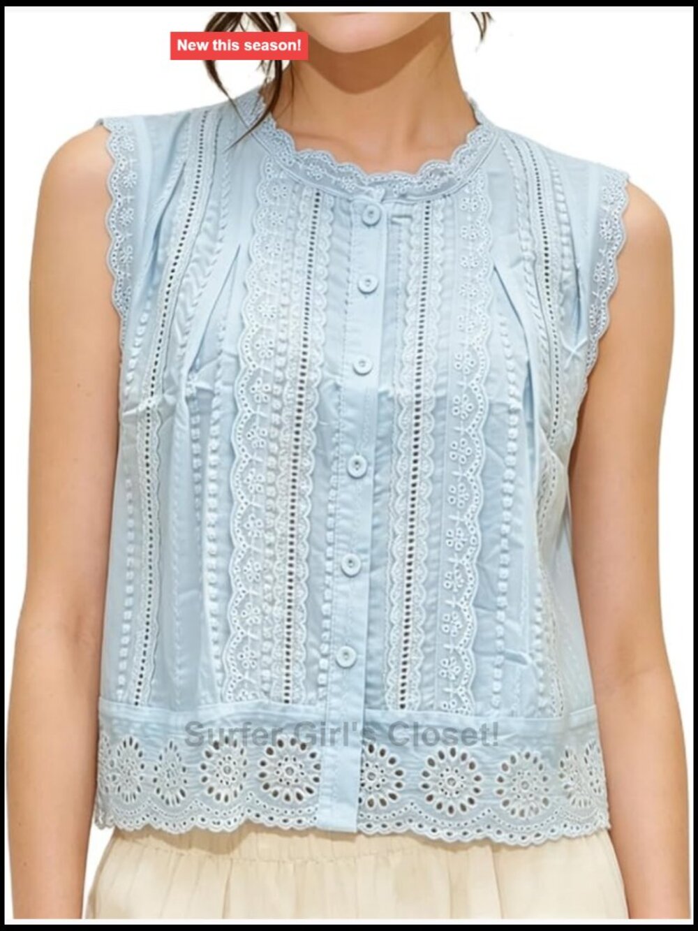Women's Eyelet Tank Top Scallop Trim Cutout Button Up Peplum Blouse